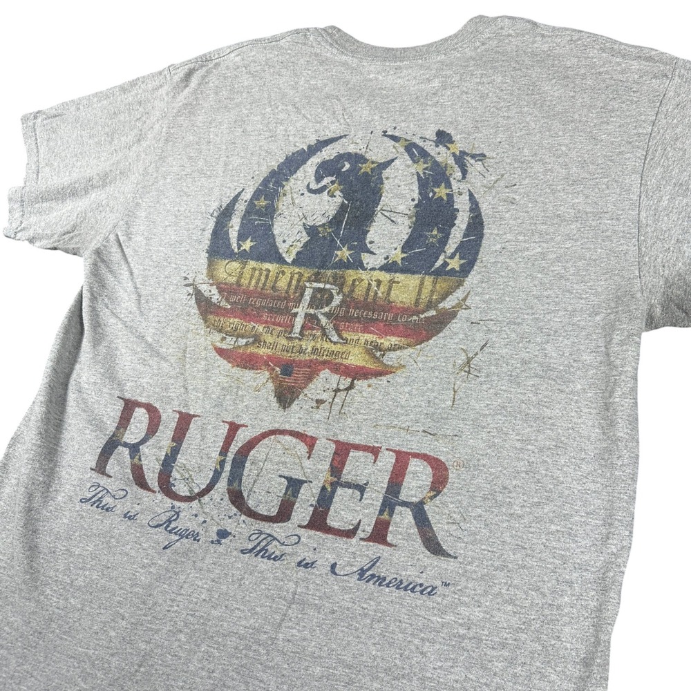 Ruger Mens Graphic Tee Gray American Flag Second Amendment Back Hit Large